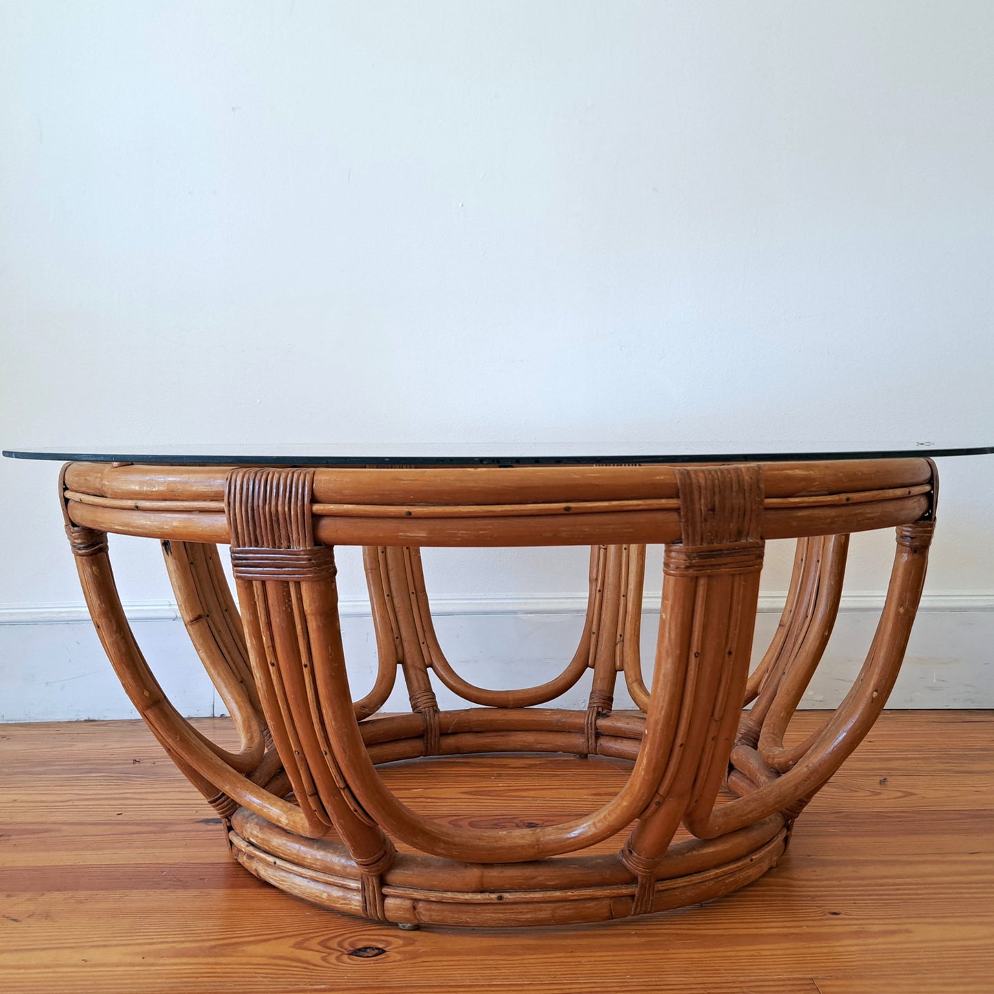 Bamboo Seating Set with Ottoman and Glass Top Table